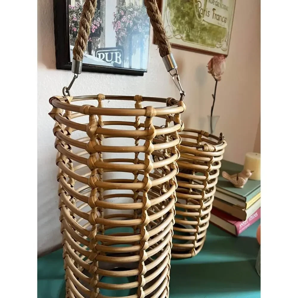 Set of 2 Coastal Woven Lantern Baskets / Candle Holders